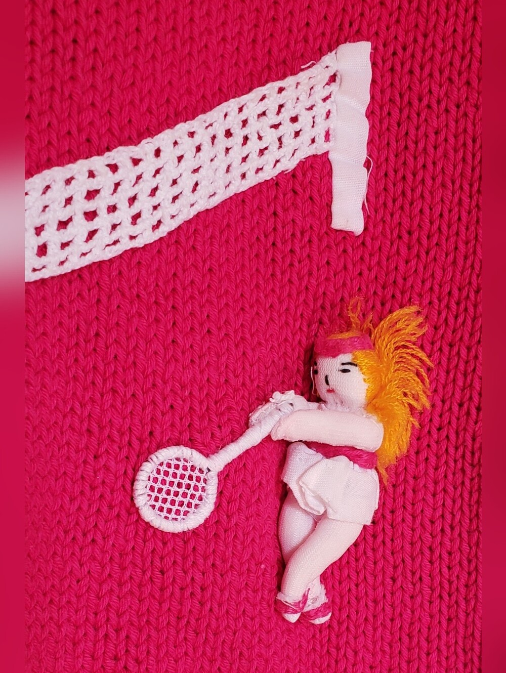 Vintage 1980s Raquel's Collection handmade knit crochet tennis 3D cotton sweater - Picture 4 of 9